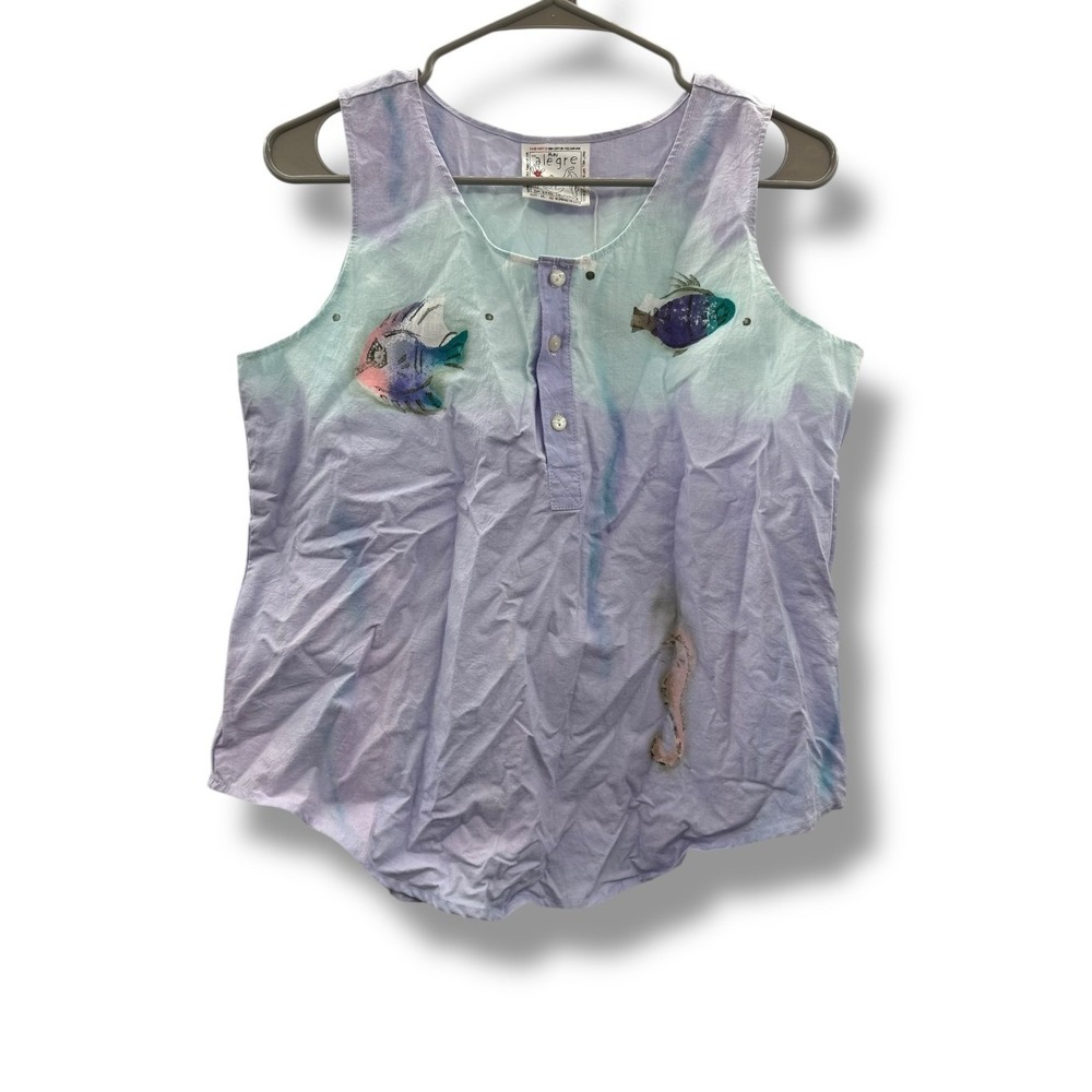 Play Alegre Hand Painted Fish Tank Top Women's Medium Large Button Front Artwear